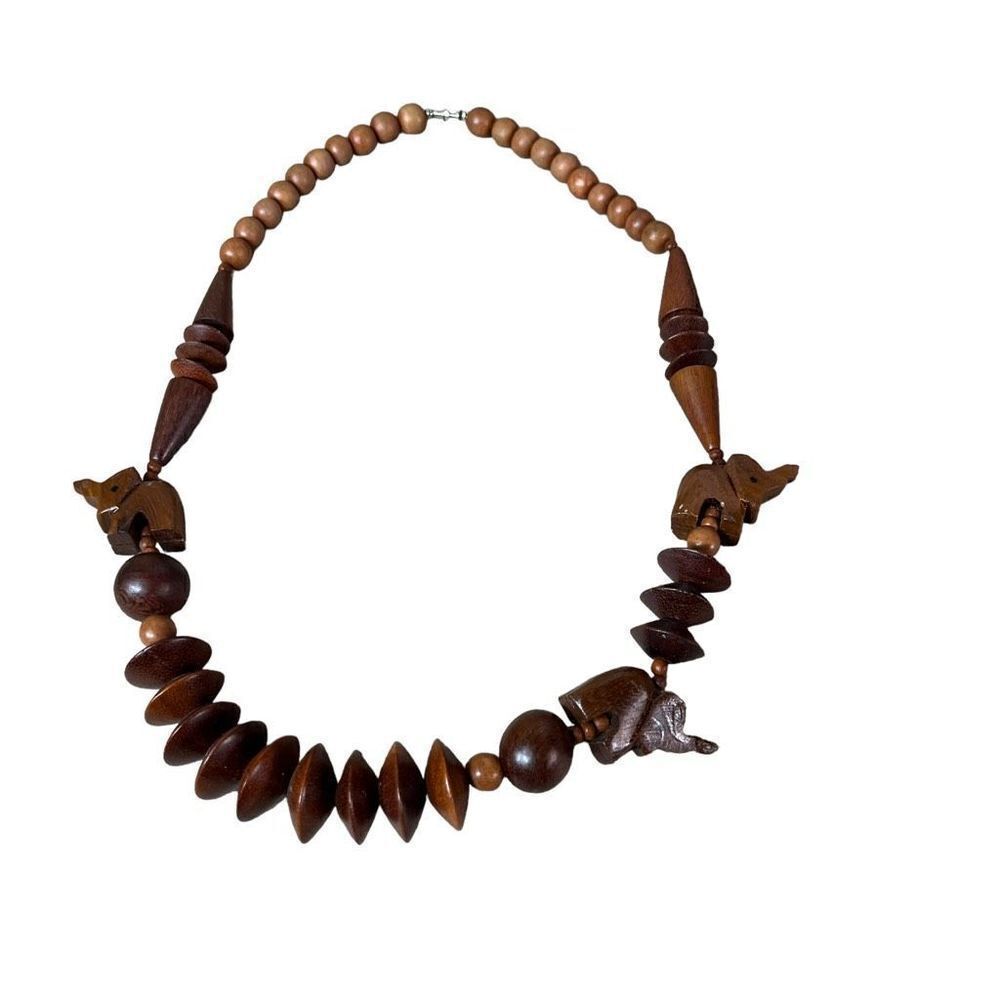 Vintage Unique Chunky Wood Beaded Elephant Necklace